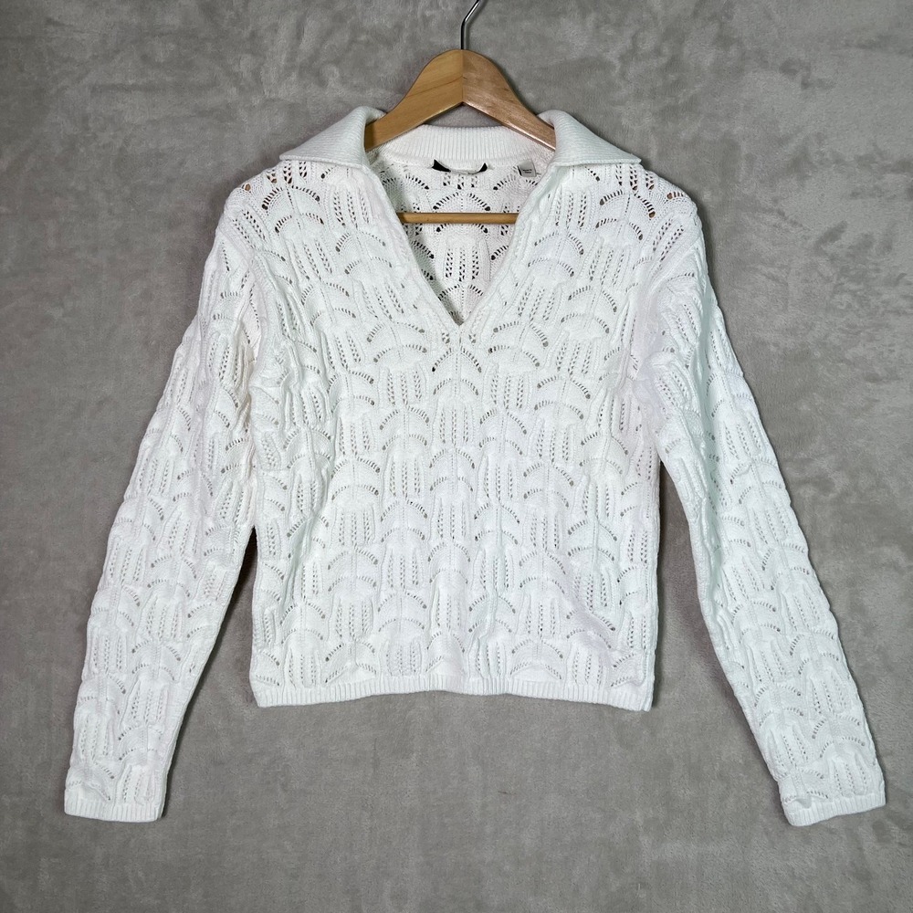 VINCE Sweater‎ Sz Small White Baja Pointelle Open Knit V-Neck Collared